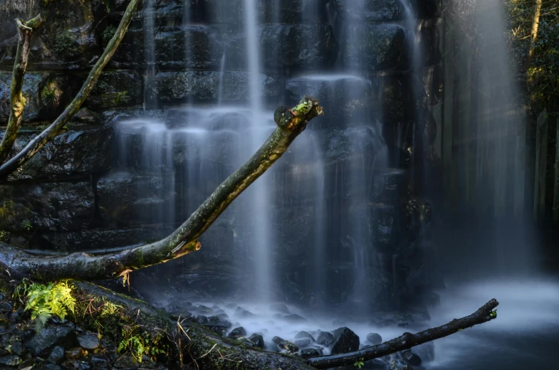 a waterfall flowing down through the center of a lush green forest