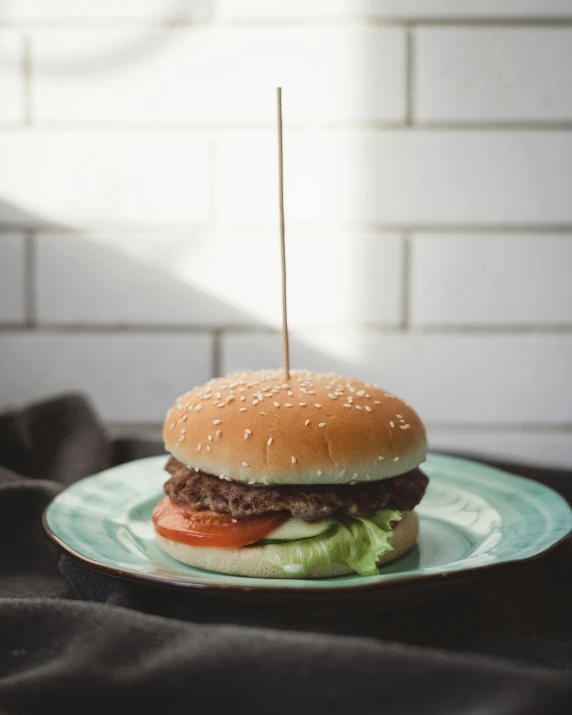 a burger with pickles sitting on a plate