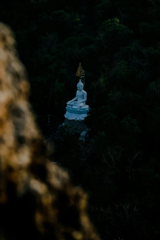 there is a white statue in the middle of the forest