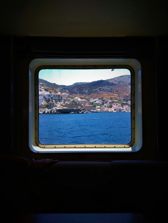 the inside of a boat is pictured with a view