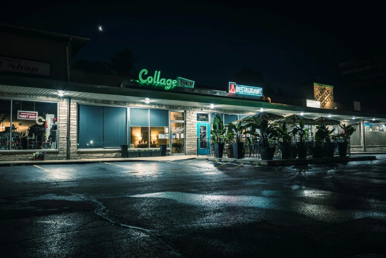 people standing outside of the shop at night