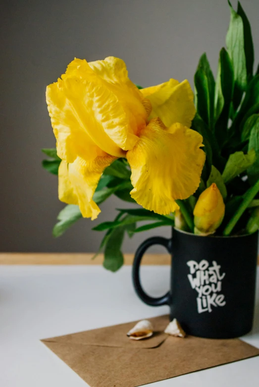 a mug with some yellow flowers sitting inside it