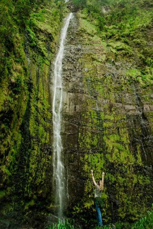 the person is standing on a cliff with a waterfall in the background