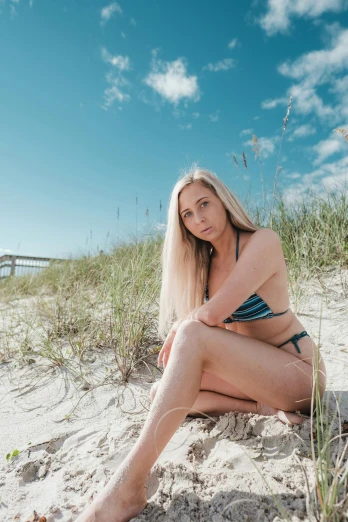 a woman in a bikini is posing on a beach