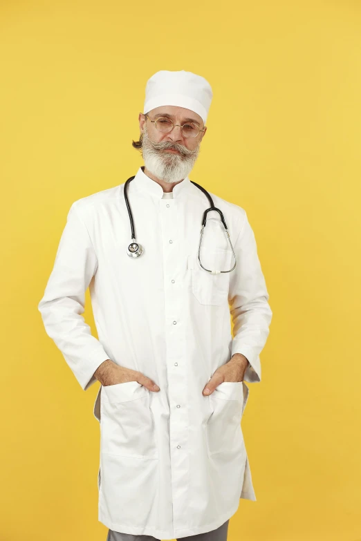 a man with a moustache stands against a yellow background