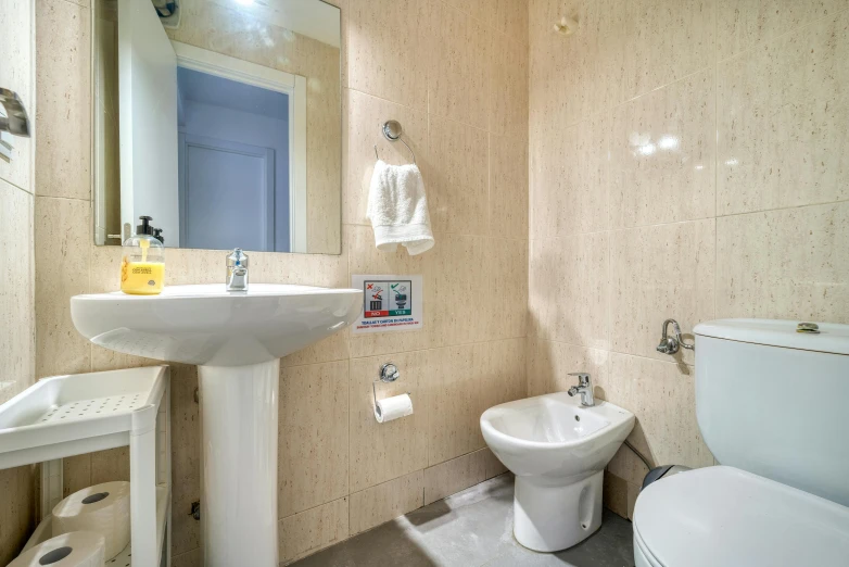 a bathroom with a sink, toilet, mirror and pedestal