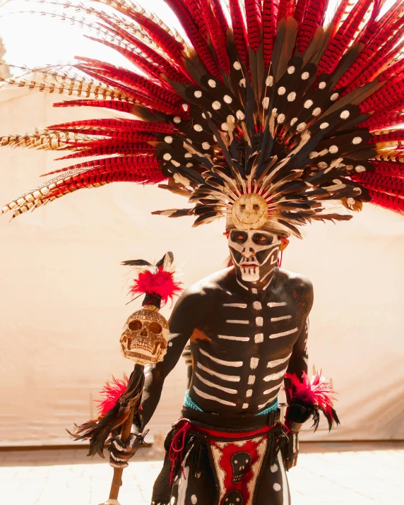 a skeleton warrior dressed in colorful costume poses for the camera