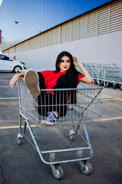 the lady is sitting in the shopping cart