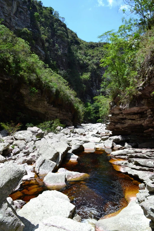 a body of water surrounded by rocks and greenery