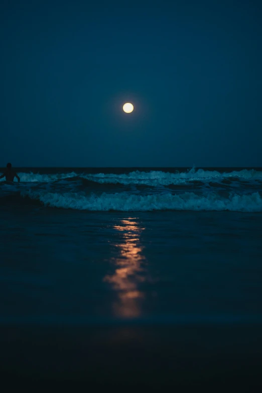 a person riding a surfboard on the ocean during night