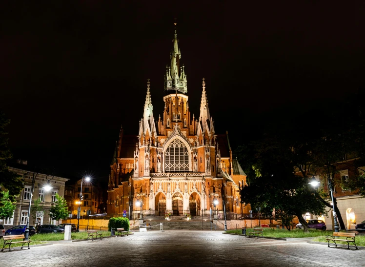 night time view of the cathedral and main walkway