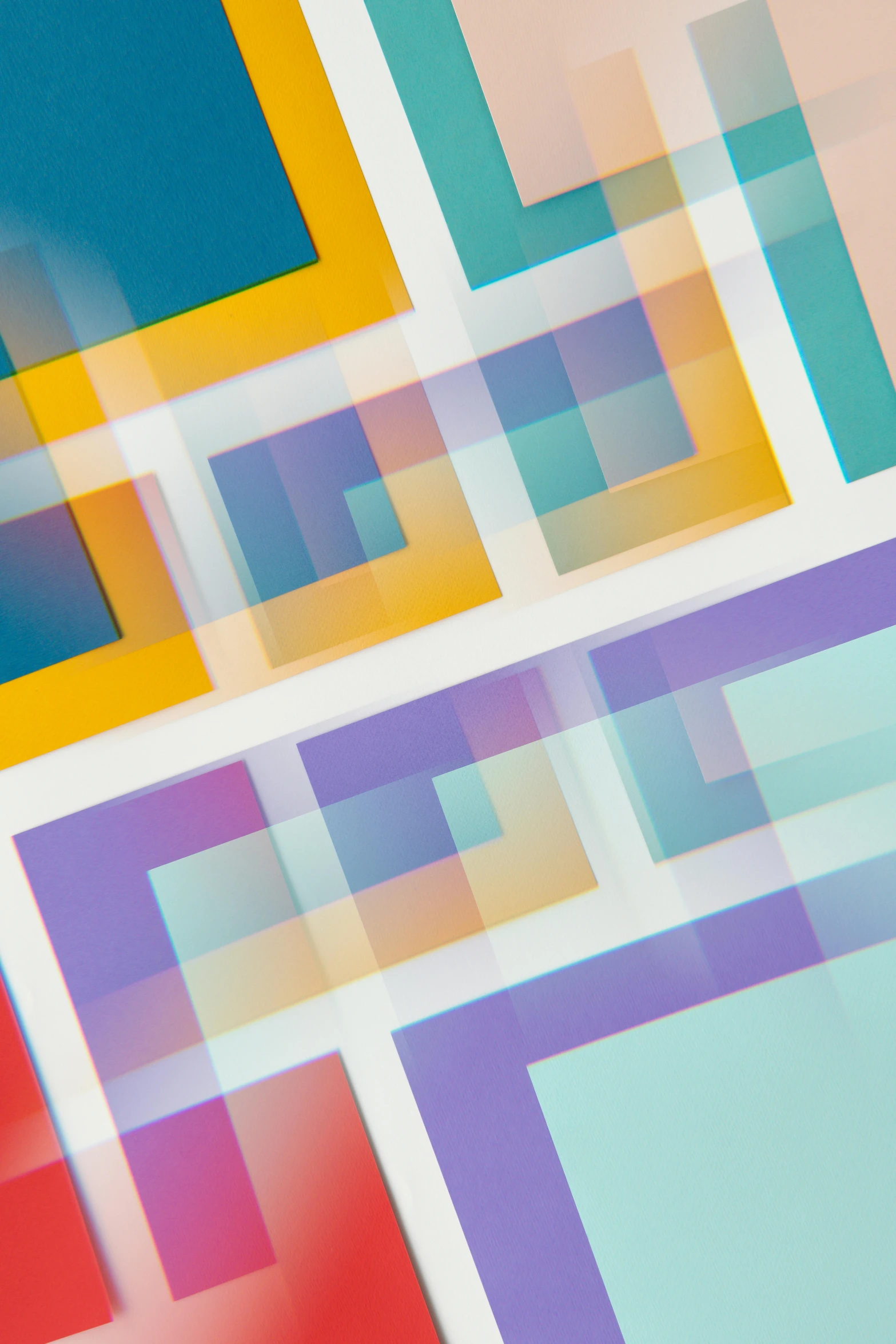 abstract colored squares against a pink, yellow and blue background