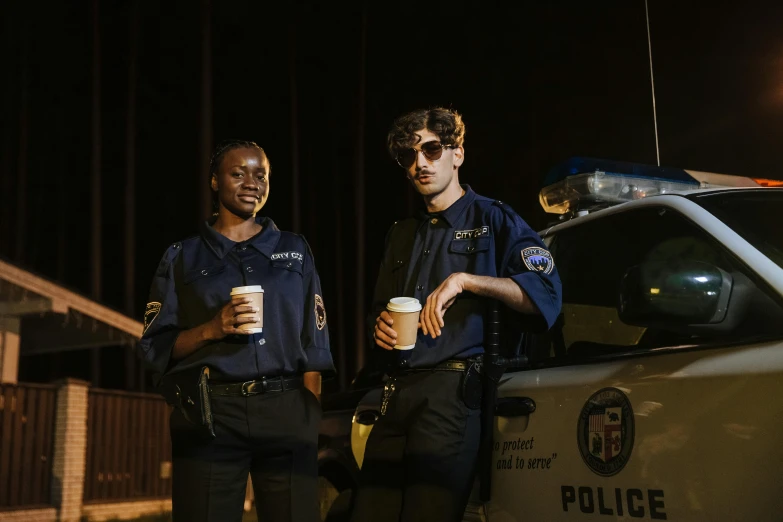 two policemen are standing by a patrol car holding cups of beverage