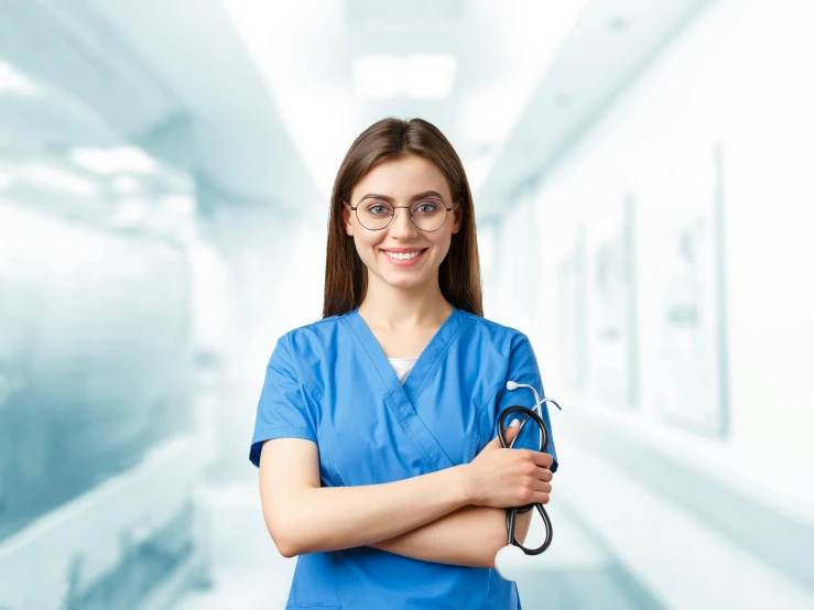 a woman in blue scrubs holding a clipboard