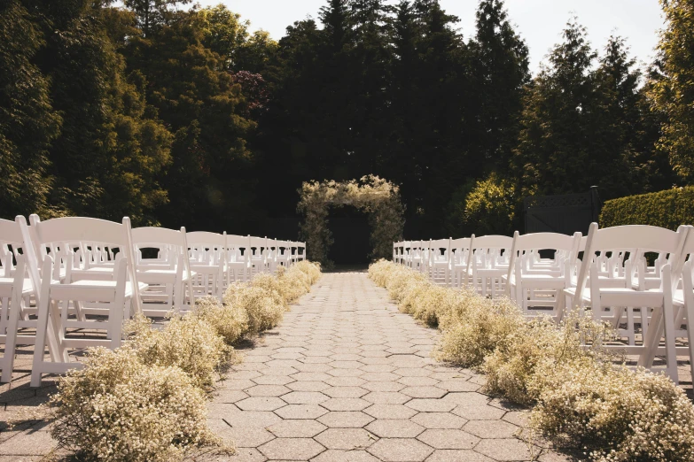 a lot of white chairs line a path to a small archway