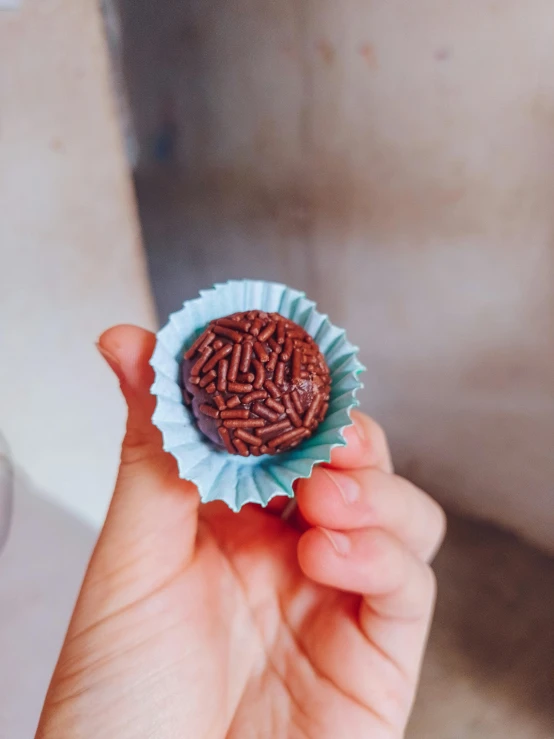 a hand is holding a tiny dessert in it's paper wrap