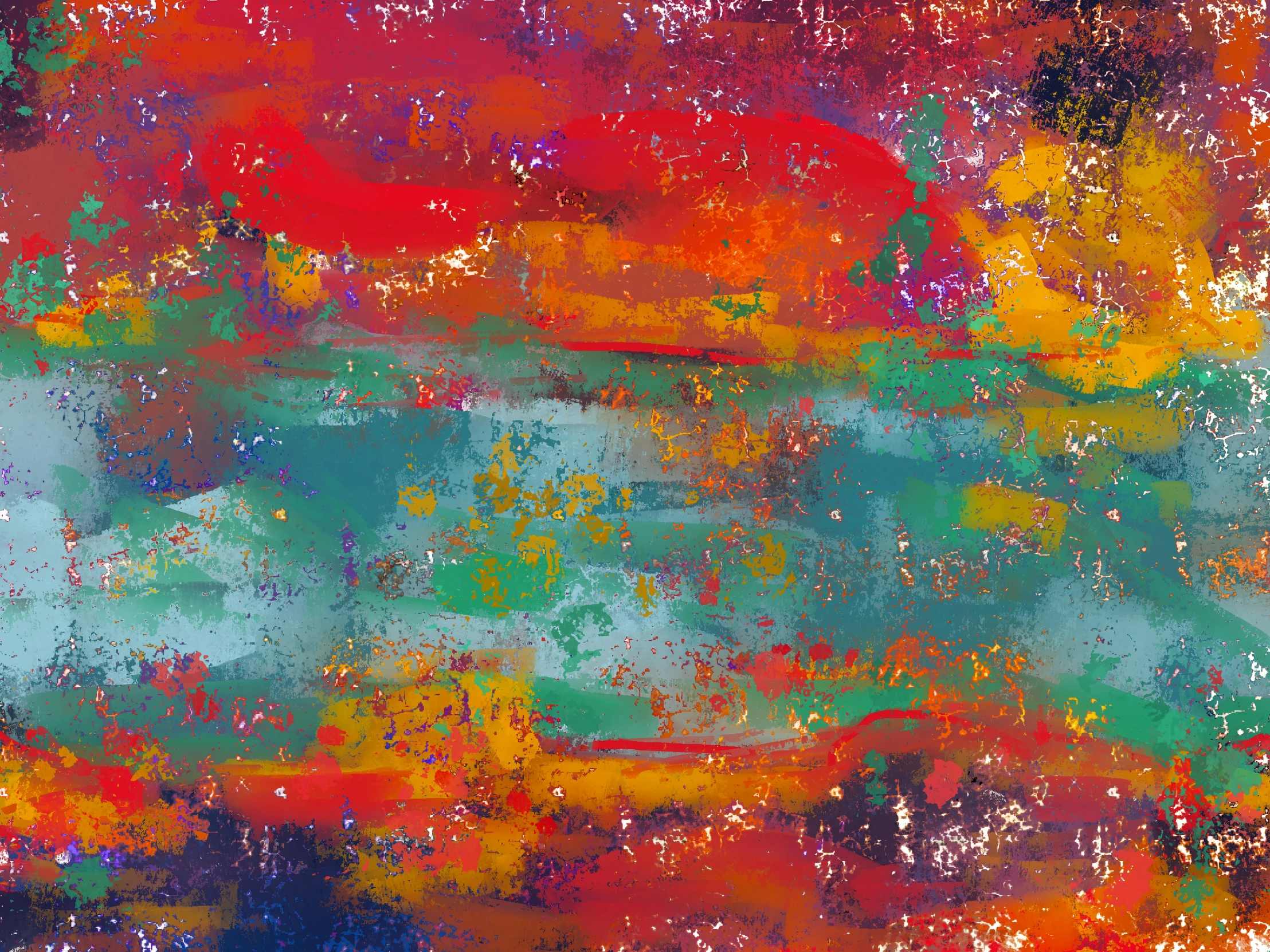 an abstract background in a deep blue green, orange, yellow and pink color scheme