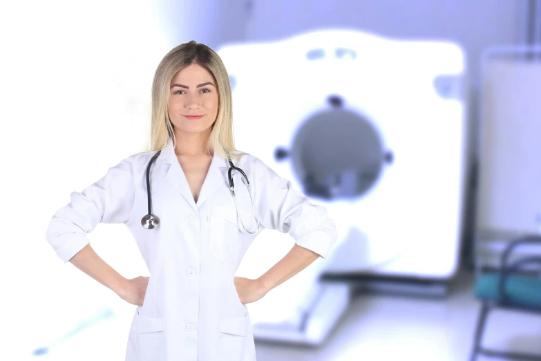 a woman wearing a lab coat with a stethoscope standing behind her