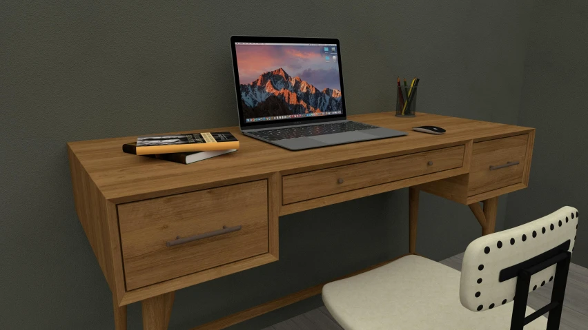 a computer desk with a laptop sitting on it