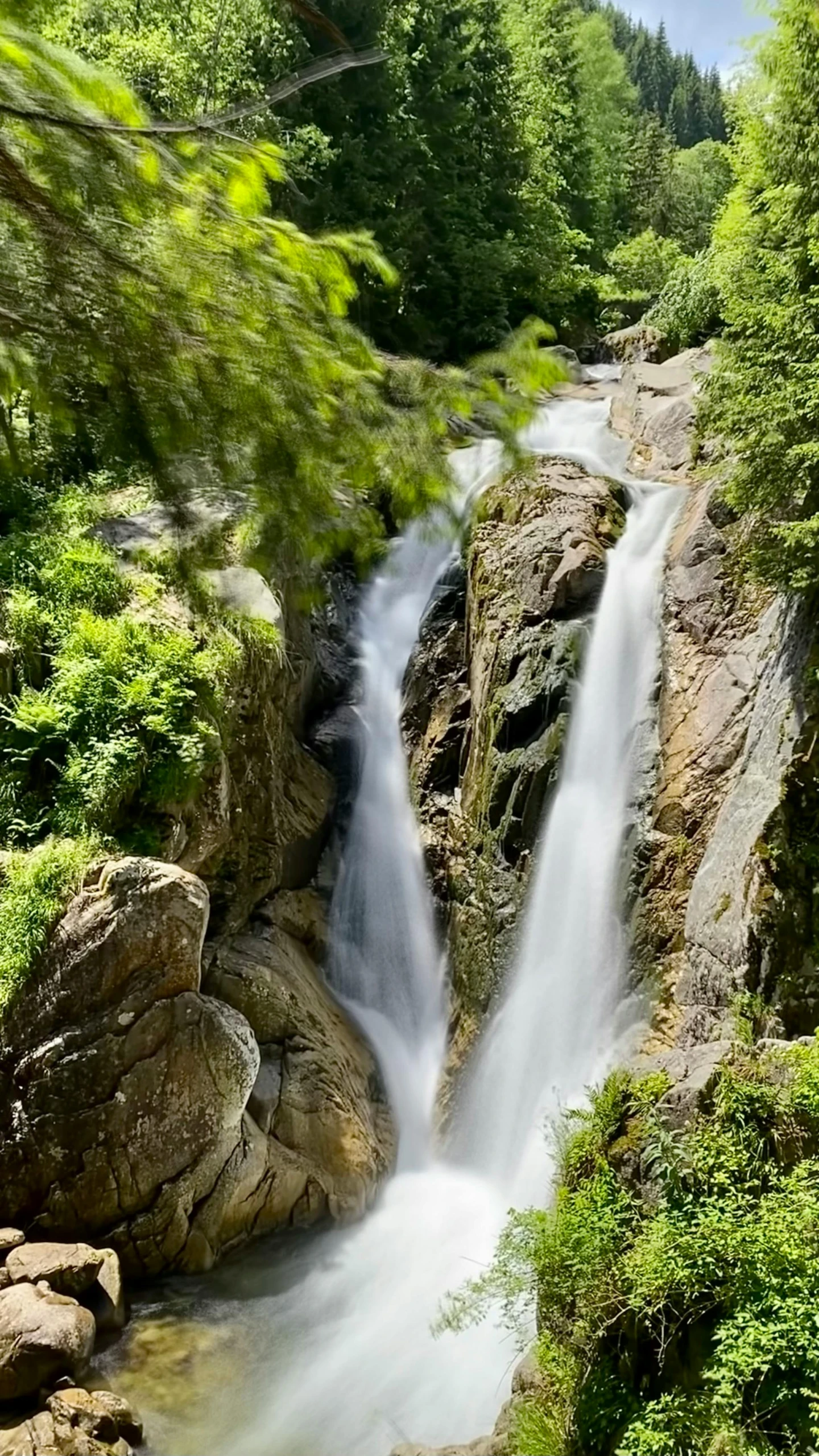 waterfall flowing into river with green vegetation and rocks