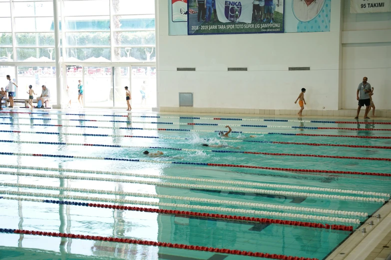 swimmers in the middle of an indoor swimming pool