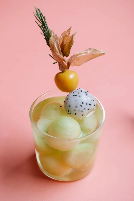 fruit is garnished with a small green leaf