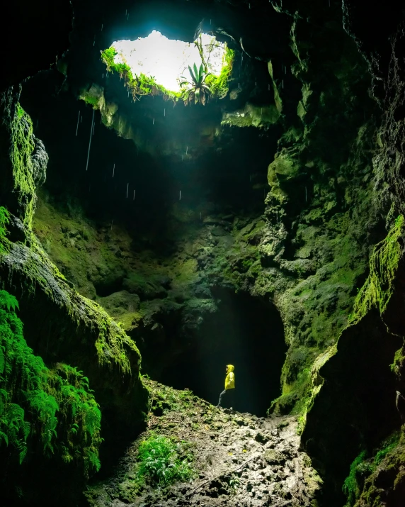 a small yellow jacket standing in the entrance to a cave