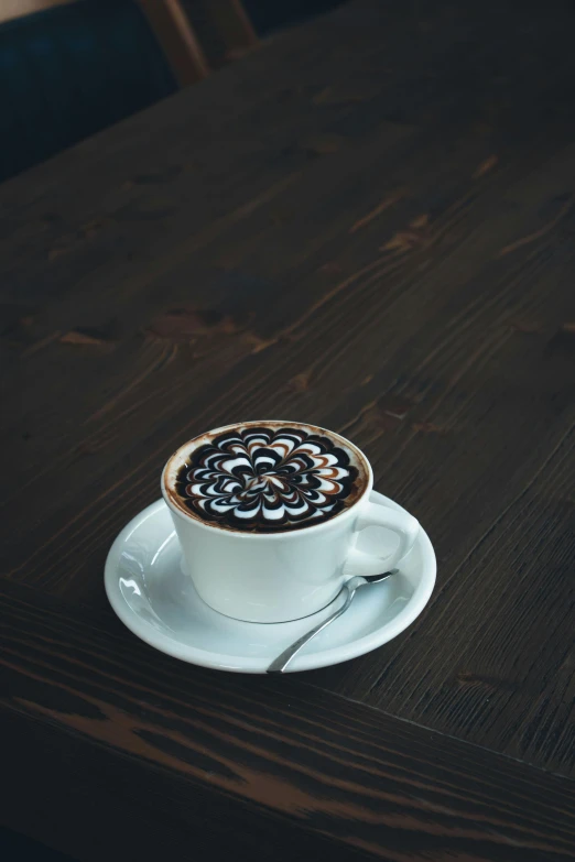 a cappuccino on a saucer sits atop a table