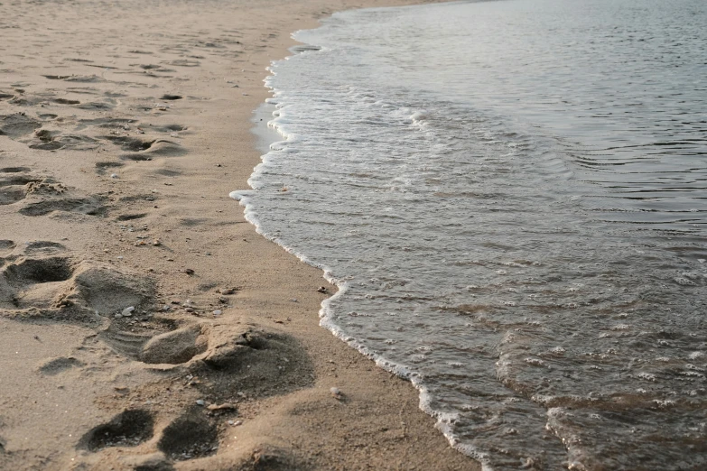 a beach next to the ocean with footprints