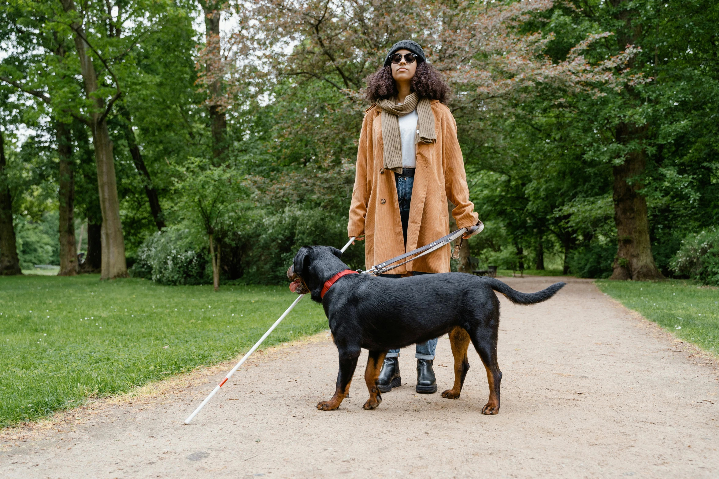 woman and dog with walking rope on gravel path in park