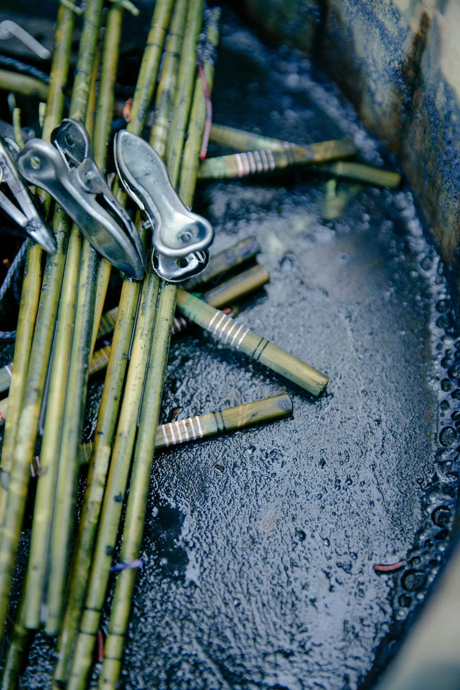 green bamboo sticks sitting on top of a pan