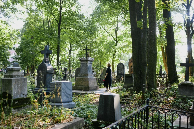 there are some tombstones in the cemetery, and there is a statue behind them