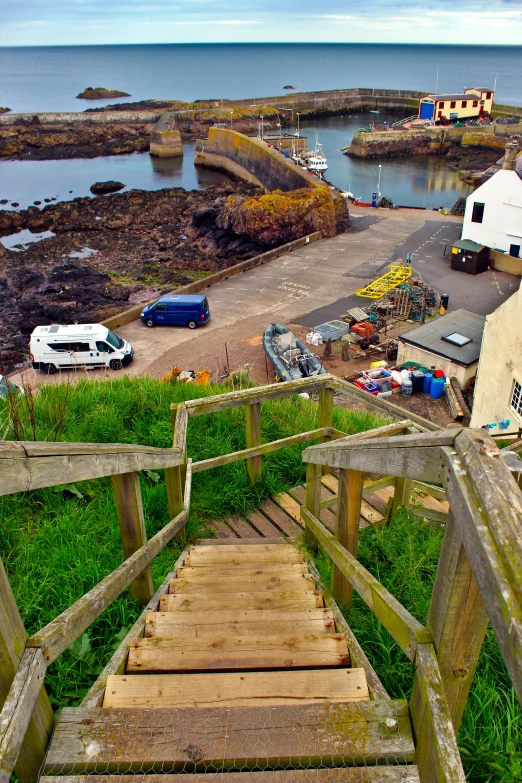 stairs leading to the beach with a dock in the background