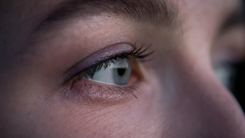 a woman's eye with long lashes and brown hair