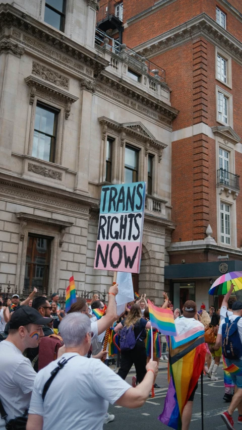 gays march through the city streets and have signs saying transs rights now
