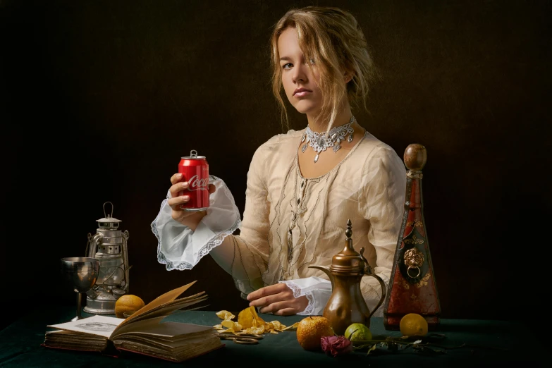 a woman sitting at a table with a book, tea pot, and an item that looks like soing