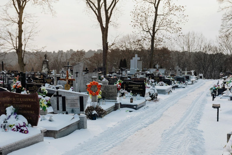 snow covering the ground and several headstones on the headstones