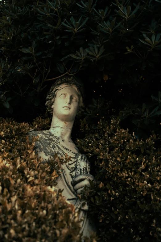 a white statue sits in the bushes and leaves