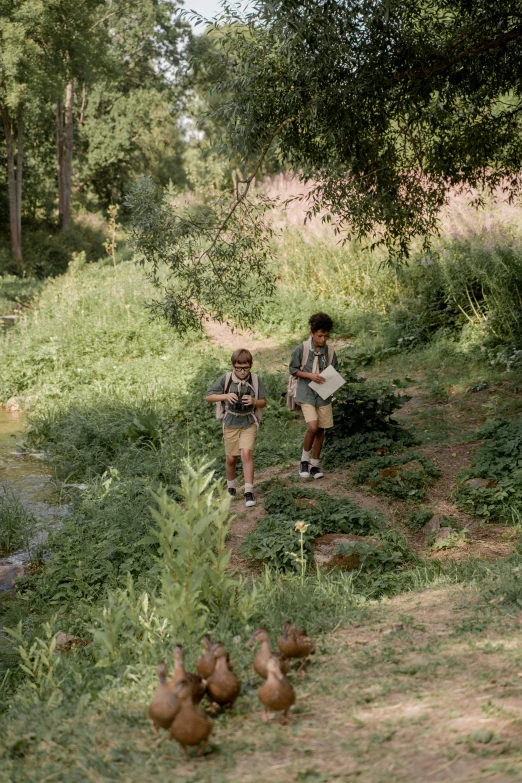 two children are walking in the grass and three are looking at some water