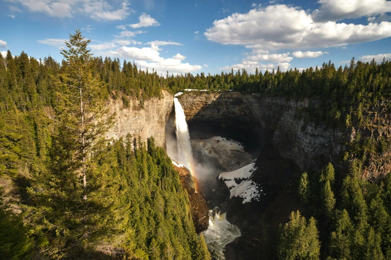 a scenic waterfall and a road below