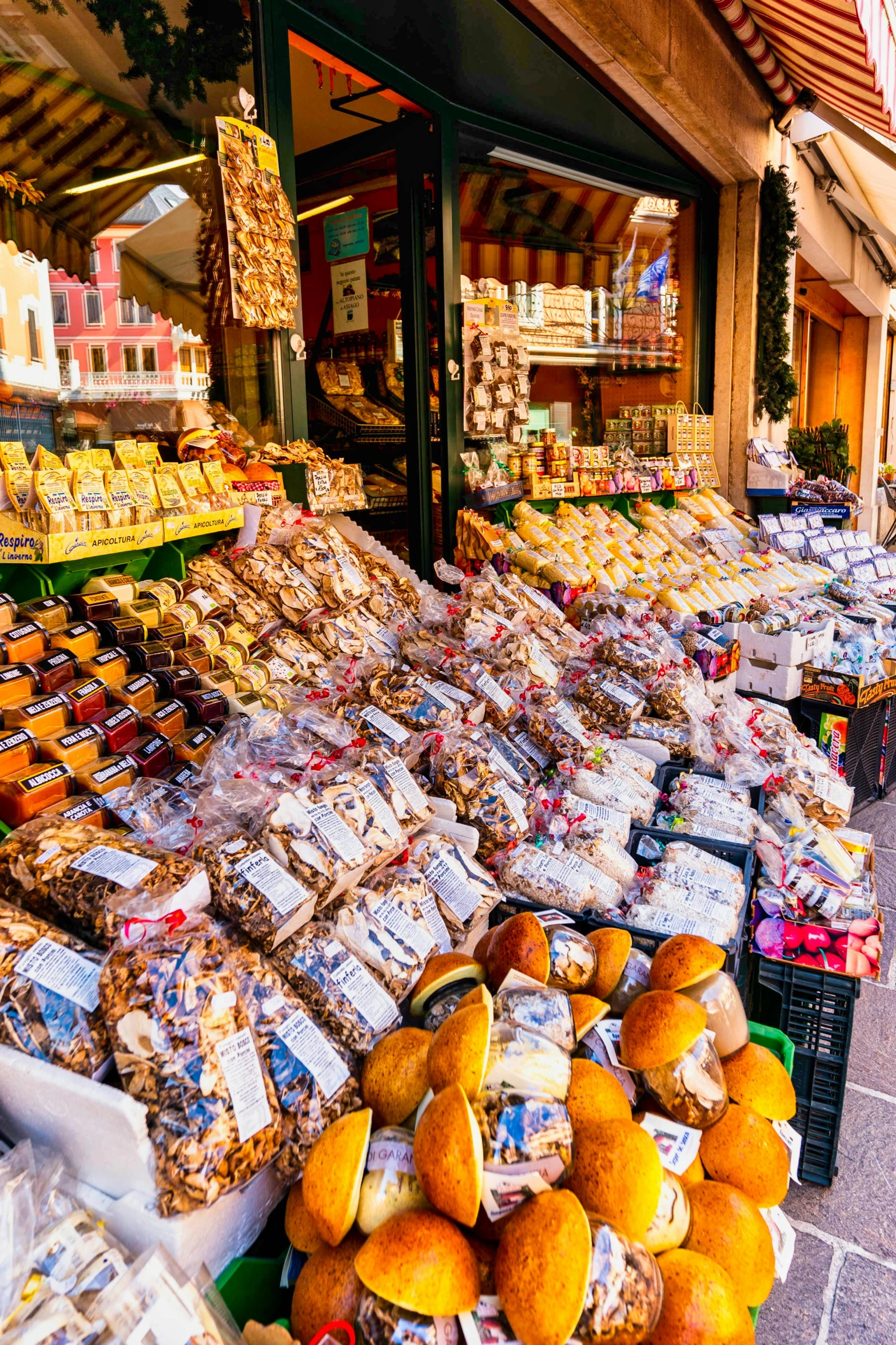 this image has an up close picture of a market with shelves