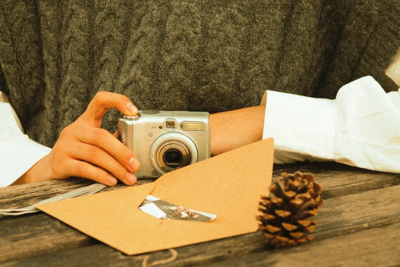 someone using a digital camera near a small fir cone