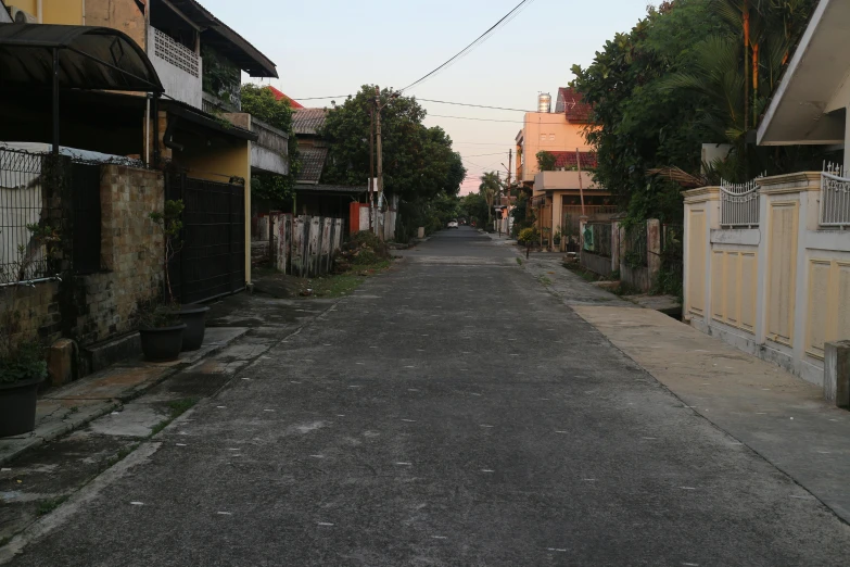 a dirt road and houses on both sides