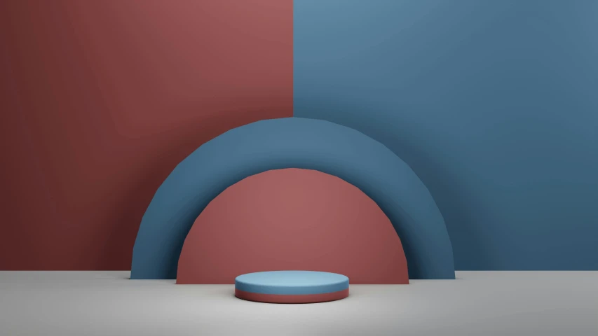 a round object in a room with red and blue walls