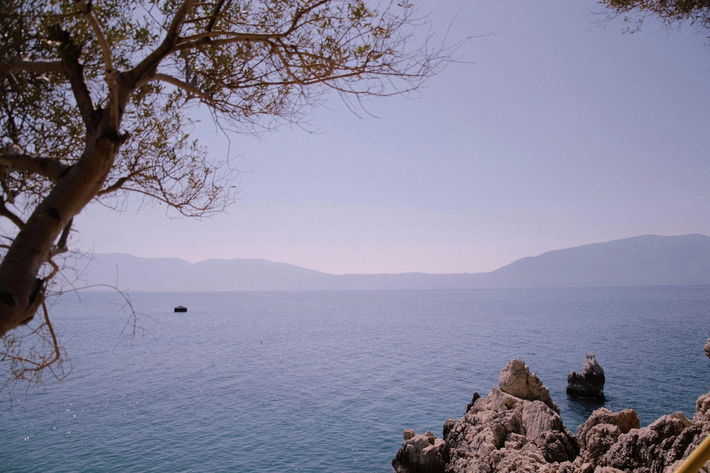 a body of water with rocks on the side and trees in the foreground