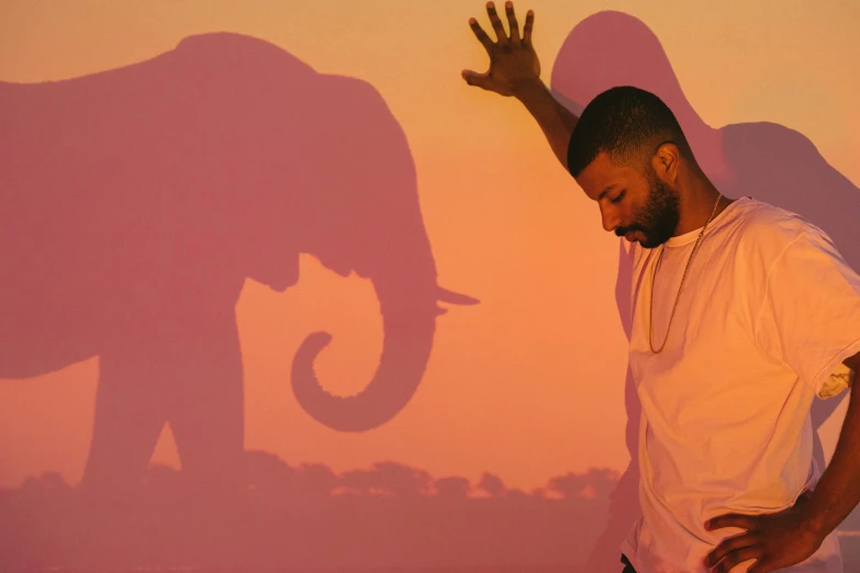 a man standing with his hands up in front of an elephant shadow