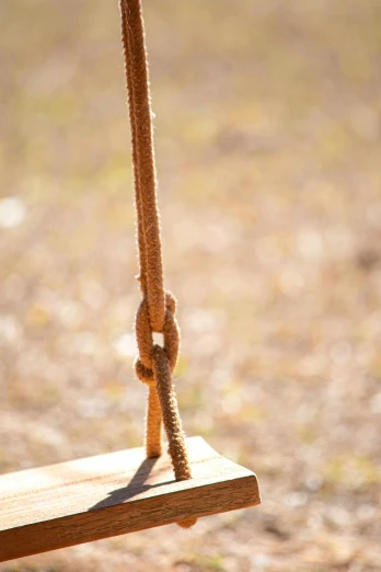 a wooden swing hanging from a rope with a rock in front of it