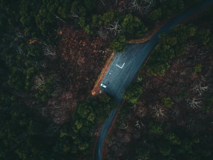 an aerial view of a road in a forest