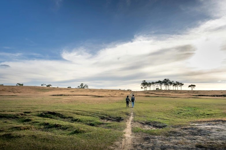 the man stands on a dirt path in a field near trees