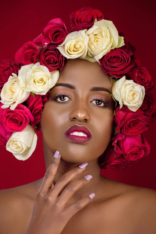 a woman with red, white and pink roses on her head